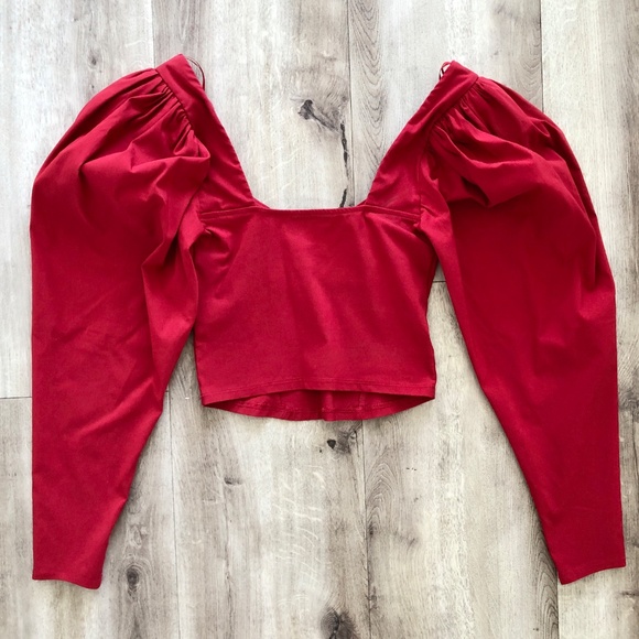 Zara,‎ Red, Long Puffy Sleeves, With Pleats, Fitted, Crop Top, NEW, Size, Small - Picture 4 of 12
